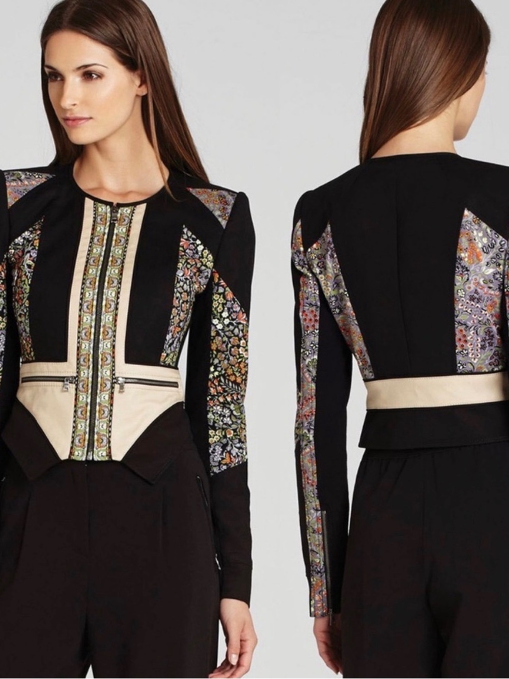 BCBGMaxAzria Black Jacket with Floral Panels and Cream Trim - Picture 6 of 7